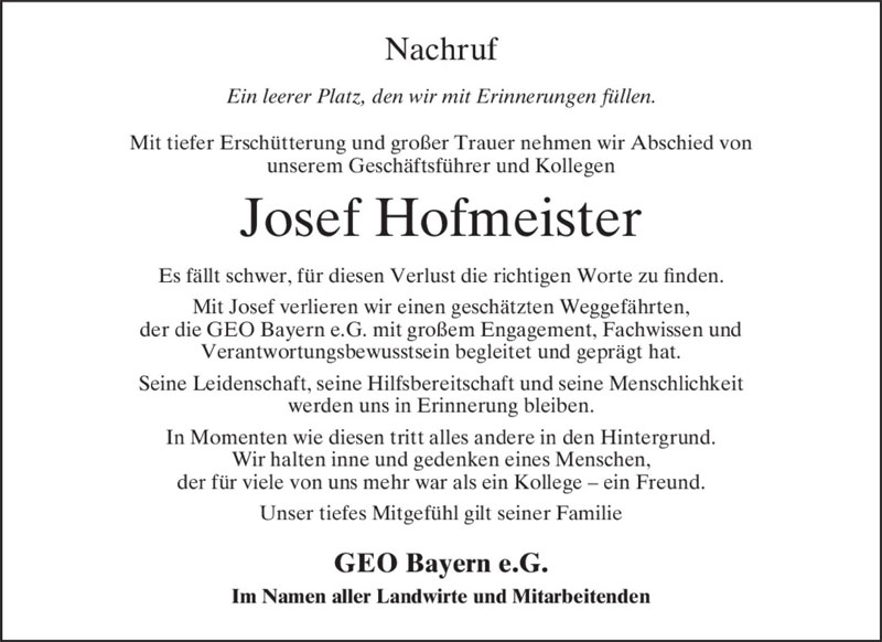 Nachruf Josef Hofmeeister